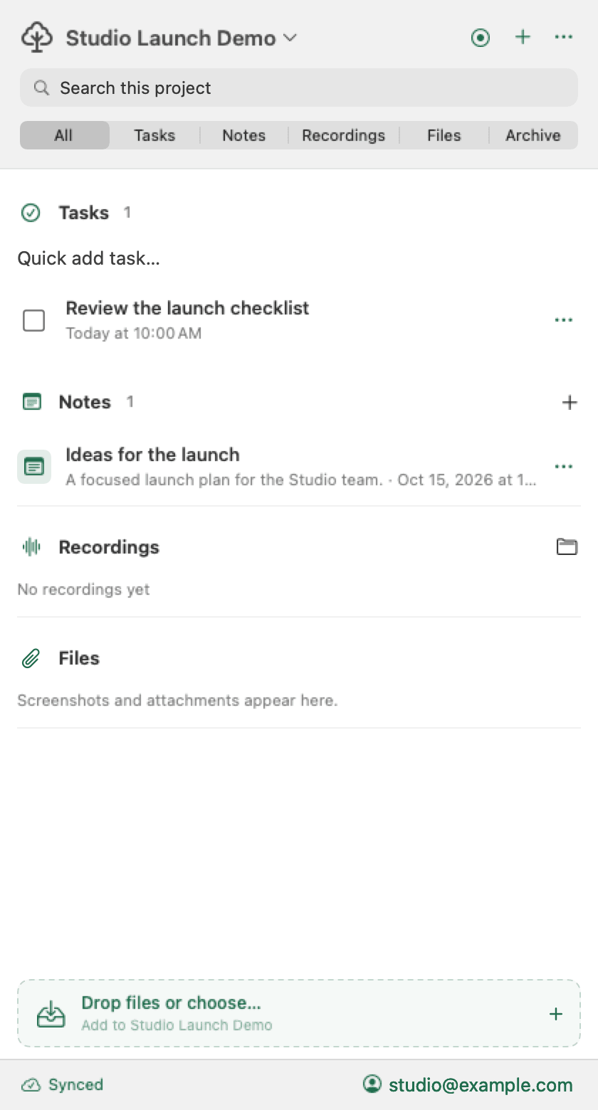 Current Canopy Mac app showing the Studio Launch Demo project with tasks, notes, recordings, and files