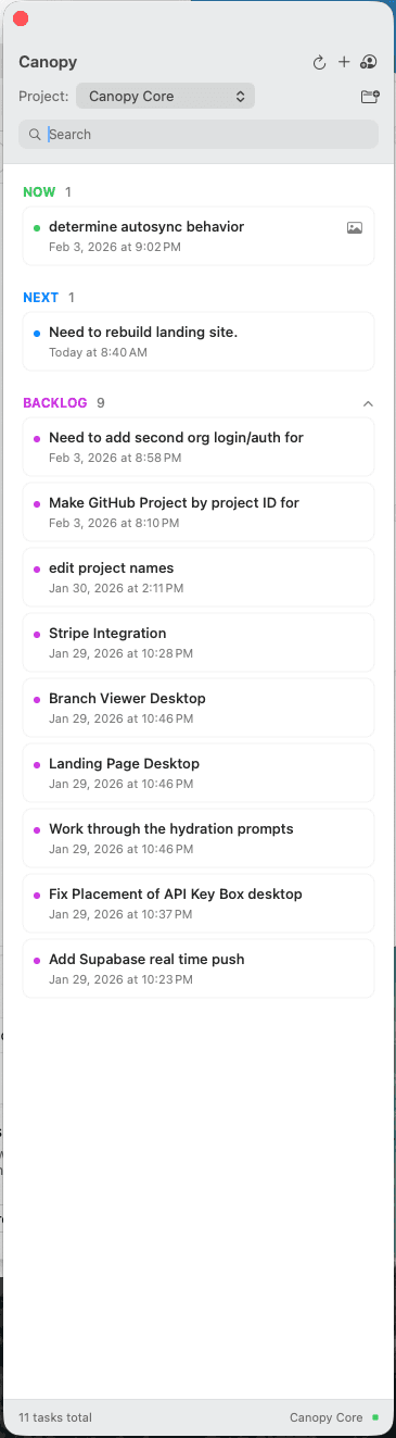 Canopy desktop app showing project branches organized into Now, Next, and Backlog